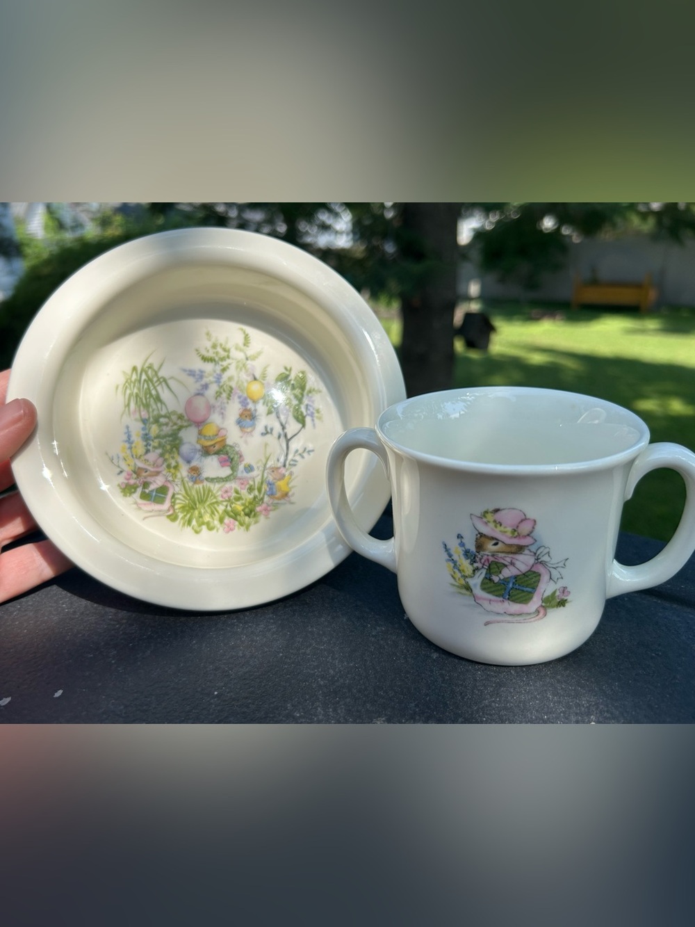 Vintage Royal Kent Bowl Cup Set Bone China Two-Handle Pastel Floral Mouse Family